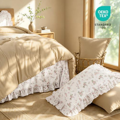 WONGS BEDDING 8PC Queen Comforter Set, Ruffle Comforter with Floral Sheets