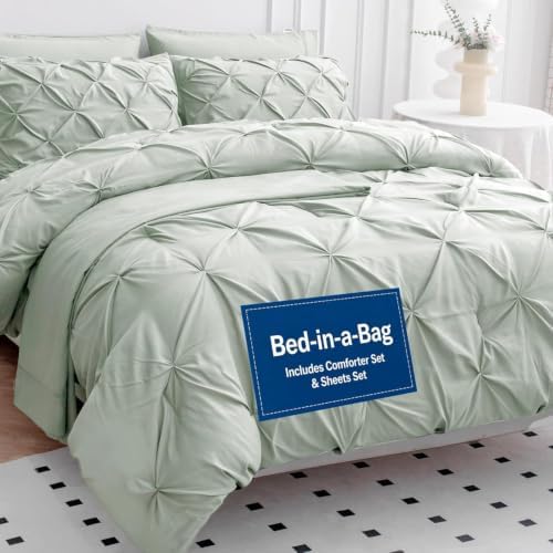 LANE LINEN Twin Comforter Set, 5 Piece Twin Bedding Sets, Ultra Soft Pintuck Twin Bed in a Bag Set with Down Alternative Comforter, Sheets, Pillowcase & Sham, Pinch Pleated Bedding Set - Mineral