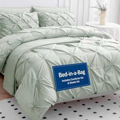 LANE LINEN Twin Comforter Set, 5 Piece Twin Bedding Sets, Ultra Soft Pintuck Twin Bed in a Bag Set with Down Alternative Comforter, Sheets, Pillowcase & Sham, Pinch Pleated Bedding Set - Mineral
