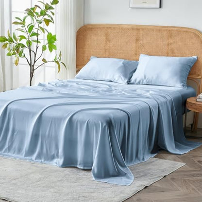Sijo AiryWeight Tencel Sheet Set, 100% Lyocell Derived from Eucalyptus, Buttery Soft, Architectural Digest Best Cooling Sheets Winner - 4pc - 2 Pillowcases 1 Fitted 1 Top (Sky, Queen)