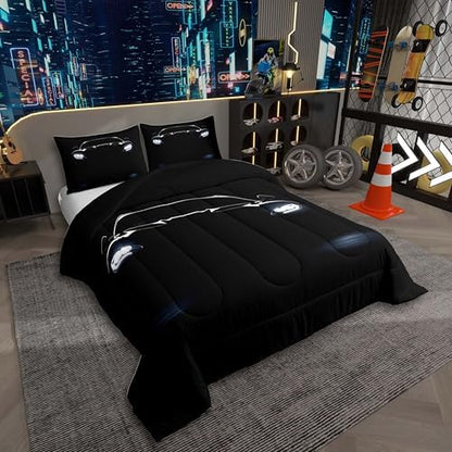 Black Race Car Comforter Set Queen Size,Race Car Room Decor for Boys,Sports Bedding Sets for Kids Boys Girls Teens,Cars Racing Games Bedding Comforter Set,Luxury Soft With 2 Pillow Cases Bedroom Decor