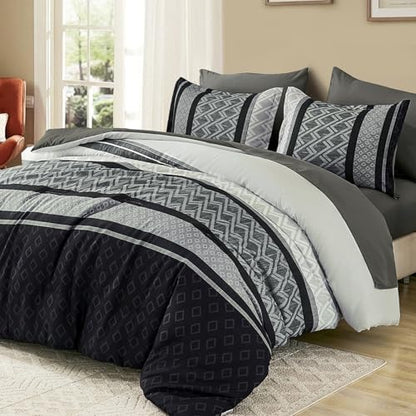 Cottolester Boho Comforter Set King Size,Black Gray Striped Bed in a Bag