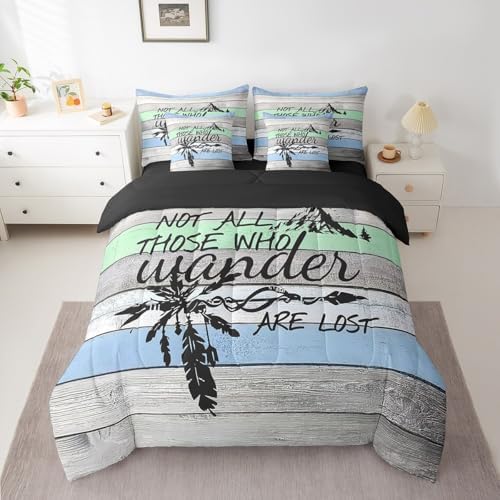 Erosebridal Happy Camping 7 Piece Bedding Set King,Camper Theme Comforter Set Bed in a Bag,Farmhouse Old Barn Door Sheet Set,Rustic Navy Blue Green Bedding,Arrow Camper Adventure Quilt