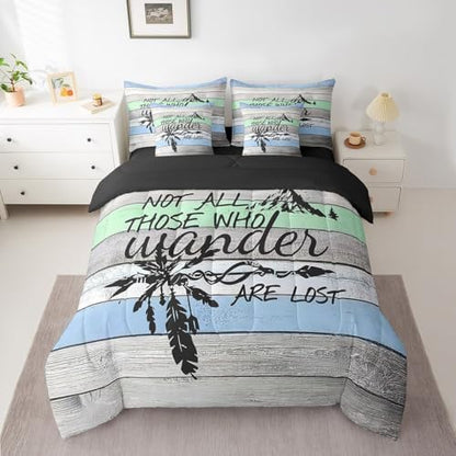 Erosebridal Happy Camping 7 Piece Bedding Set King,Camper Theme Comforter Set Bed in a Bag,Farmhouse Old Barn Door Sheet Set,Rustic Navy Blue Green Bedding,Arrow Camper Adventure Quilt