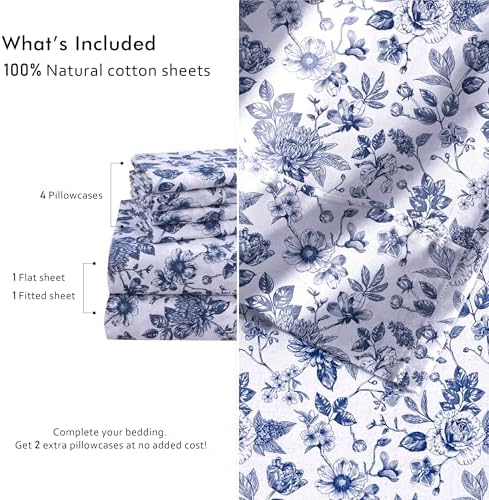 RUVANTI 100% Cotton Queen Sheets, Percale Queen Sheet Set, Wild Flower