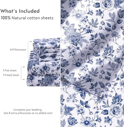 RUVANTI 100% Cotton Queen Sheets, Percale Queen Sheet Set, Wild Flower