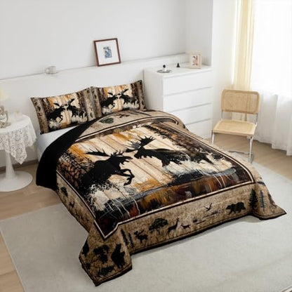 Feelyou Cute Moose Comforter Set for Girls Boys Kids King Size Wildlife Decor Comforter Room Decorative Rustic Cabin Country Bedding Set Nature Wild Duvet Set 3Pcs Quilt Set