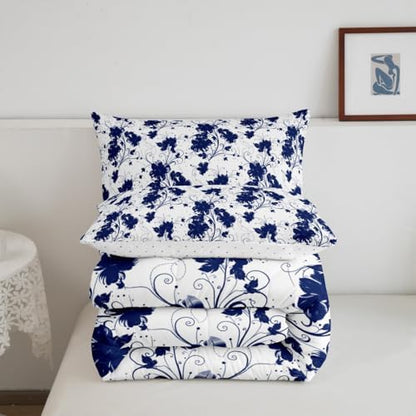 jejeloiu Blue Flower Comforter Set Full Size Kids Floral Bedding Set for Boys Girls Teens Botanical Duvet Breathable Minimalist Aesthetics Quilt Bedroom Decor,1 Comforter with 2 Pillowcase