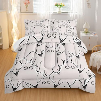 Nttopship Ghost Comforter Bedding Set with 2 Pillowcase King Size Black and White Comforter Set for Kids Boys Girls Bedroom Decor