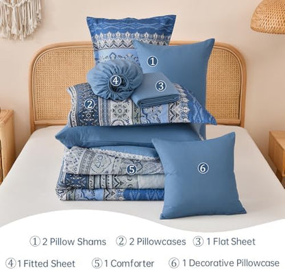 Cottolester Boho Comforter Set King Size,Blue and Grey Striped Bed in a Bag
