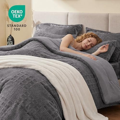 EXQ Home Waffle Comforter Set Queen Size, 3 Pieces Bed Set,Grey