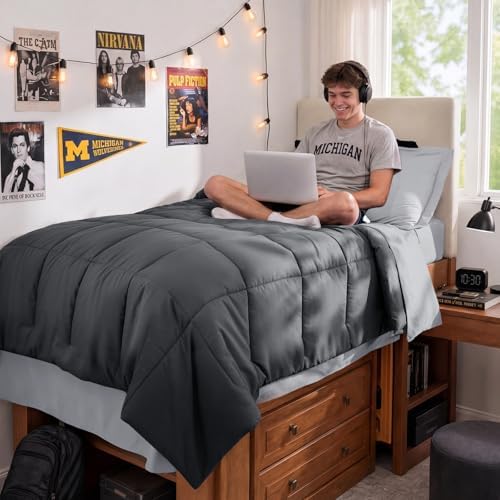 JOLLYVOGUE Twin XL Comforter Set, Ultra-Soft Bed in a Bag Twin XL Size 5 Pieces, Oeko-TEX Certified Bedding Set with Down Alternative Comforter, Sheets, Pillowcases & Shams, Dark & Light Grey