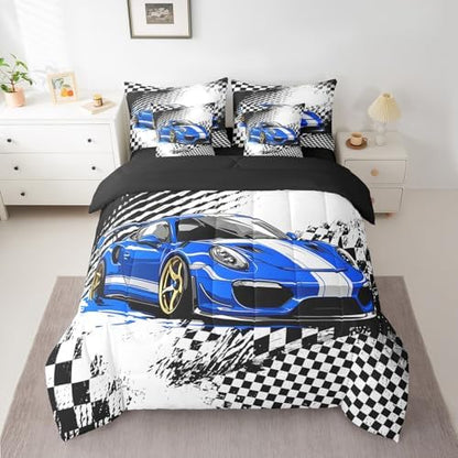 jejeloiu Blue Race Car Comforter Set with Sheets Queen Size for Kids Boys Girls Checkerboard Racing Flag 7 Pieces Bedding Set Cartoon Bed in a Bag Bedroom Decor Soft Lightweight Microfiber