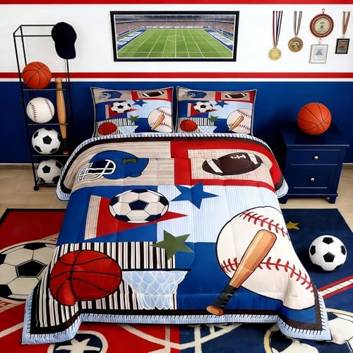 Blue Plaid Balls Boys Comforter Set Twin Size,Cartoon Baseball Basketball Bedding Set 2pcs for Kids Teens Room Decor,Geometric Patchwork Grid Quilt Set Sports Gaming Duvet Insert,1 Pillowcase