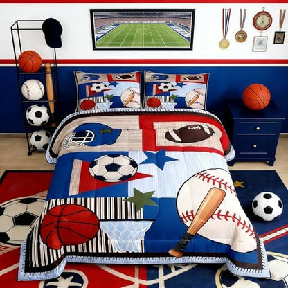 Blue Plaid Balls Boys Comforter Set Twin Size,Cartoon Baseball Basketball Bedding Set 2pcs for Kids Teens Room Decor,Geometric Patchwork Grid Quilt Set Sports Gaming Duvet Insert,1 Pillowcase
