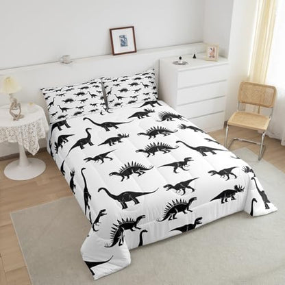 Erosebridal Dinosaur Down Comforter Dino Silhouettes Bedding Set King Size, Wildlife Animals Black White Comforter Sets for Kids Boys Teens Adult Bedroom, Dinosaurs Comforter with 2 Pillow Cases