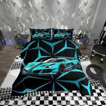 Castle Fairy Teal Speed Race Car Comforter Set Toddler Size,Extreme Sport Theme Abstract Geometric Lines Bedding Set,Kids Teens Adult Room Decor,Racing Car Down Comforter,2 Pcs 1 Pillowcase