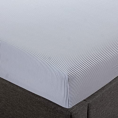 Feather & Stitch Fitted Sheet Only, 100% Cotton 300TC Lightweight Cooling & Breathable Percale Weave Fitted Sheet 16" Regular Elastic Deep Pocket Soft Bedding Mattress (Full, Grey Stripe)