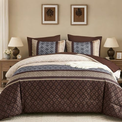 Striped Comforter Set Queen Size,Chocolate Brown Boho Bed in a Bag