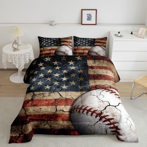 Erosebridal Baseball Comforter Set, Boys American Flag Bedding Set King Size Sports Games Down Comforter United States Federations Stars Stripes Quilt for Kids Teens Bedroom, Baseball Gift for Boys
