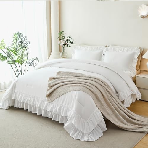 ANGIYUIN 5Pcs White Comforter Set King Size Double-Layer Ruffle Bedding Set