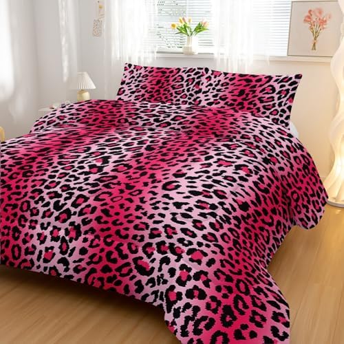 Nttopship Pink Leopard Print Comforter Bedding Set with 2 Pillowcase King Size Cheetah Painting Comforter Set for Kids Boys Girls Bedroom Decor