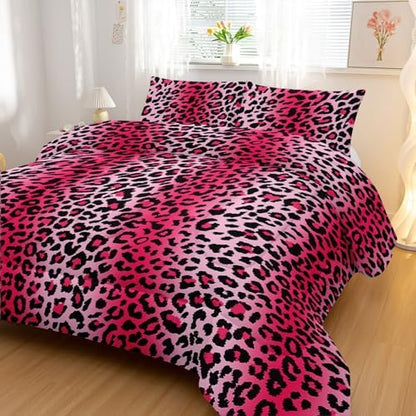 Nttopship Pink Leopard Print Comforter Bedding Set with 2 Pillowcase King Size Cheetah Painting Comforter Set for Kids Boys Girls Bedroom Decor