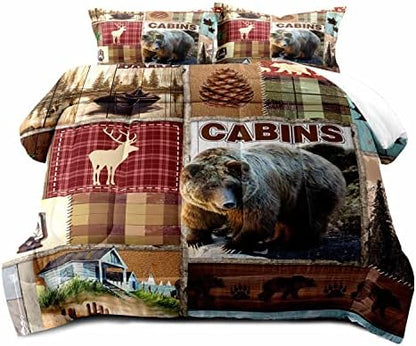 LUVIVIHOME 3PCS Rustic Lodge Comforter Set King Size, Bear Bedding Sets, Elk Deer Forest Woodland Animals Wildlife Hunting Country Farmhouse Red Buffalo Plaid Cabin Patchwork Quilt, 2 Pillow Shams