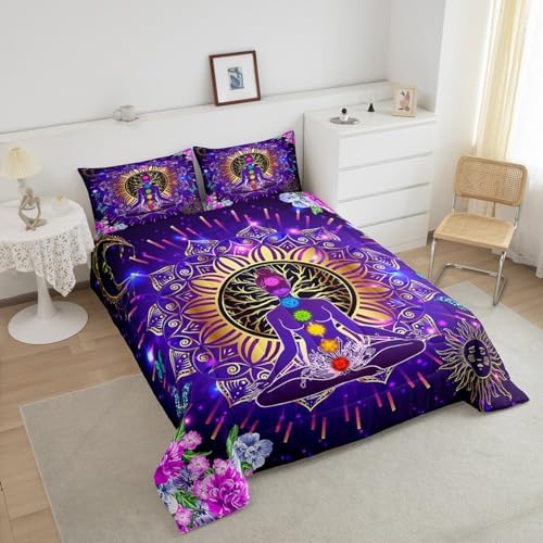Manfei Yoga Chakras Comforter Set King Size, Boho Mandala Bedding Set 3pcs for Kids Boys Girls Bedroom Decor, Gold Sun and Moon Quilt Set with 2 Pillowcases, Colorful Flower Duvet Insert
