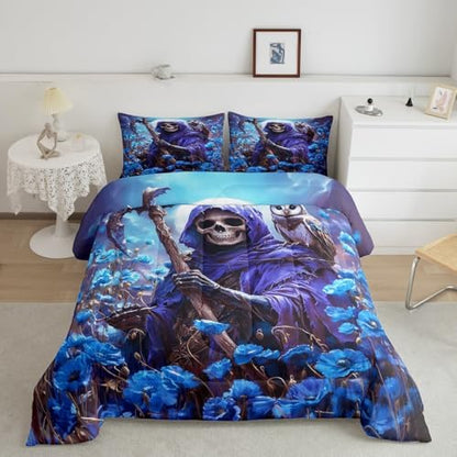 Skeleton Kids Comforter Set Queen Size,Skull Blue Poppy Flowers Moon Trippy Bedding Set,Girls Boys Room Decor,Happy Halloween Vintage Quilt Comforter,Gothic Romantic Duvet Insert,2 Pillowcases