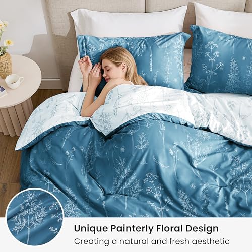 Love's cabin Mineral Blue Comforter Set King - King Size Comforter Set, 3 Pieces Cute Floral Bedding Sets for All Seasons,1 Soft Reversible Botanical Flowers Comforter and 2 Pillow Shams