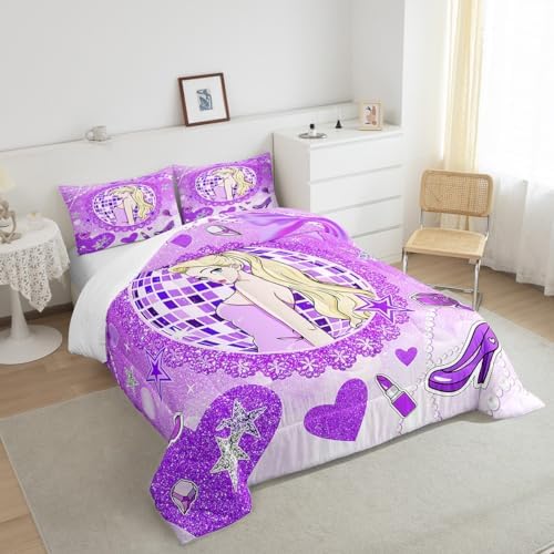 Girly Princess Kids Comforter Set Twin Size,High-heeled Shoes Lip Bowknot Romantic Bedding Set,Girls Women Room Decor,Glitter Sequin Diamond Down Comforter,Purple Dreamy Duvet Insert,1 Pillowcase