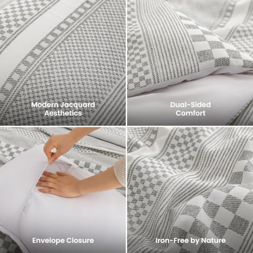SLEEP ZONE Comforters Queen Set, Striped Lattice Bedding Set Gray 3 Pcs