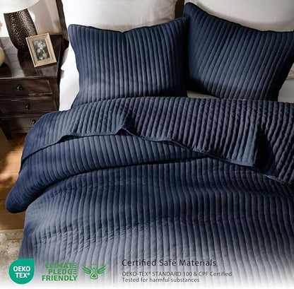 WDCOZY Navy Blue Cross Stitch King Size Quilt Set, Striped Lightweight Soft Bedspread, Channel Farmhouse Rustic Coverlet, All Season Country Bedding, Thin Comforter