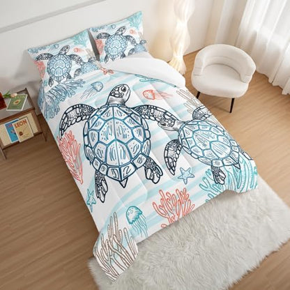 HOSIMA Kids Sea Turtle Comforter Queen,Coastal Bedding with 2 Pillowcases.