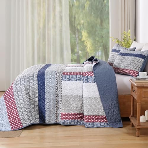WONGS BEDDING Boho Quilt King Size, Patchwork Bedding Set, Blue Red