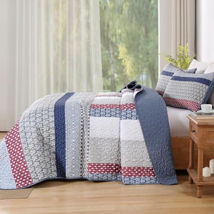 WONGS BEDDING Boho Quilt King Size, Patchwork Bedding Set, Blue Red