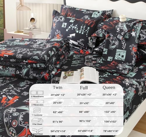SDY 7PCS Full Size Gaming Bedding Set - Soft Video Game Comforter Set for Boys, Girls & Kids, Gamer Themed Bed Set with Comforter, Sheets & Pillowcases