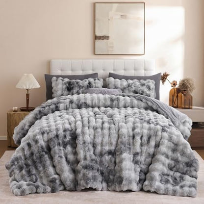 YIKUSH Twin Faux Fur Soft Comforter Set, Fluffy Rabbit FurBedding Set