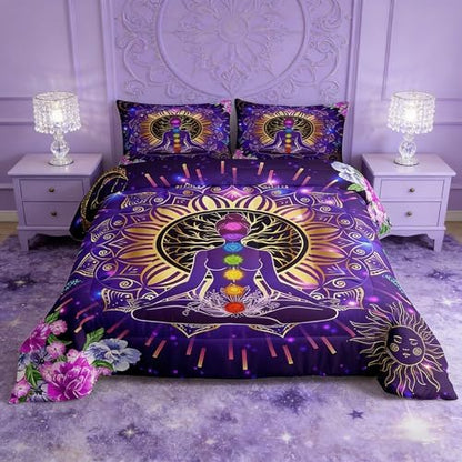 Manfei Yoga Chakras Comforter Set Full Size, Boho Mandala Bedding Set 3pcs for Kids Boys Girls Bedroom Decor, Gold Sun and Moon Quilt Set with 2 Pillowcases, Colorful Flower Duvet Insert