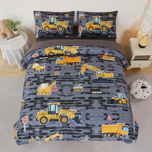 RYNGHIPY Construction Truck Bedding Set Excavator Tractor Bed Set for Boys Bedroom Kids Comforter Sets with 1 Comforter 2 Pillowcases (Black-Grey,Twin)