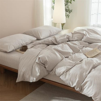 JIYUAN Oversized King Plus Washed Cotton Duvet Cover Set, Pinstripe