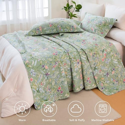 Lady Ann 100% Cotton Floral Cal King Quilt Set - Green Flower Bird Butterfly Pattern Print Quilted 118x106 Bedspread & Coverlet Set, 3 PCS Lightweight Extra Soft King Bedding Sets All Season