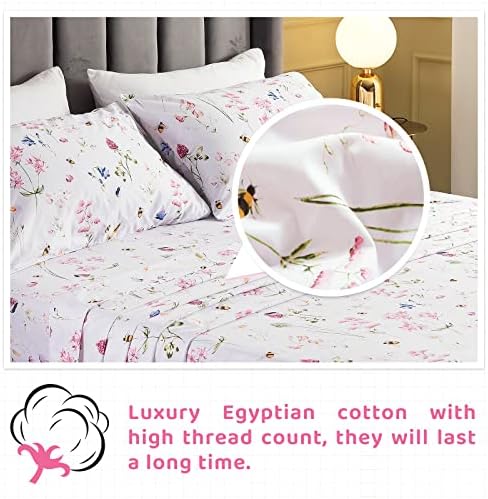 QSH Floral Bed Sheets Set Queen Size - Shabby Flower Bee Print Bed Sheet Set - Extra Soft and Breathable 100% Egyptian Cotton - 4 pcs Deep Pockets Flower Bed Sheets Queen Size Sets