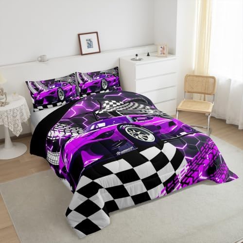 Toddler Race Car Bed for Boys,Purple Neon Lights Honeycomb Bedding Set Cool Sports Car Glitter Beehive Geometric Hexagon Comforter Set Full,Black White Grid Lattice Quilt Buffalo Plaid Decor