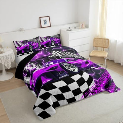 Toddler Race Car Bed for Boys,Purple Neon Lights Honeycomb Bedding Set Cool Sports Car Glitter Beehive Geometric Hexagon Comforter Set Full,Black White Grid Lattice Quilt Buffalo Plaid Decor