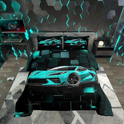 Erosebridal Kids Racing Car Comforter Set Full Blue Sports Car Bedding Set for Boys 3D Geometric Blocks Down Comforter Speed Race Car Quilt Black Blue Squares Duvet Insert 3Pcs Bedding Decor