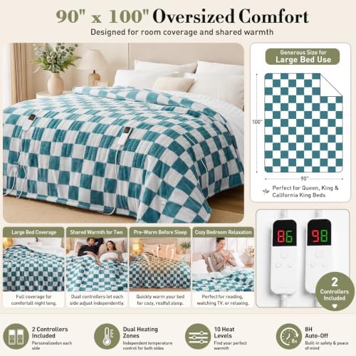 Electric Blanket Heated King Size, 90"X100" Dual Control, Teal