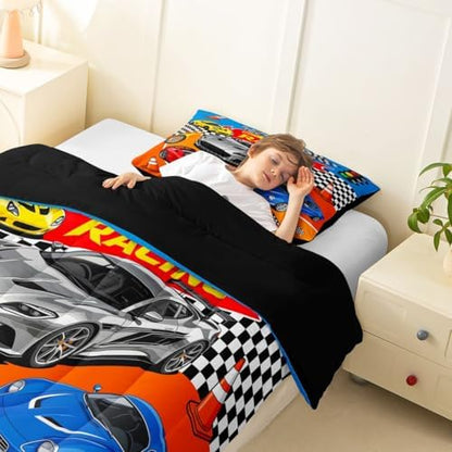 Feelyou Boys Race Car Comforter Set All Season Sports Racing Car Bedding Set with 1 Pillow Cases Extreme Sports Microfiber Kids Toddler Bedclothes Bedroom Decor Duvet Quilt Breathable Soft Lightweight