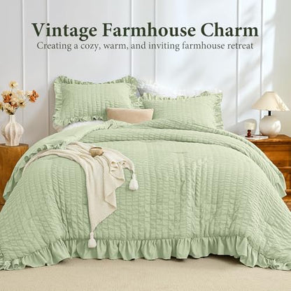 JOLLYVOGUE Sage Green Comforter Full Size, 3 Pieces Seersucker Lightweight Full Size Bedding, All Season Fluffy Microfiber Bedding Comforter Set with 1 Ruffle Comforter and 2 Ruffle Pillowshams